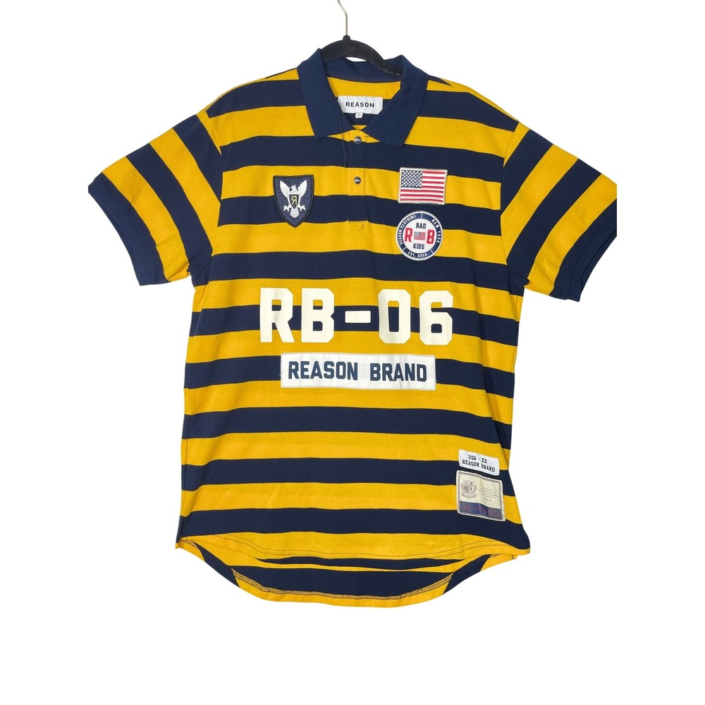 Reason Brand Polo Shirt Mens L Yellow Navy Striped RB-06‎ Cotton Casual Top